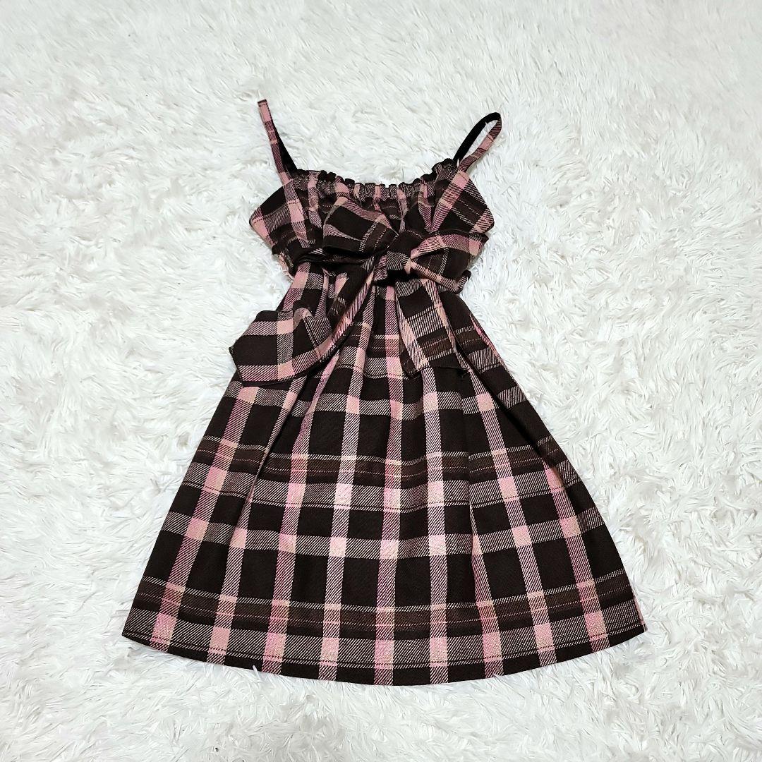 00s LIZLISA ピンクブラウンチェック リボン付き ワンピース 旧タグ 00s LIZLISA ピンクブラウンチェック リボン付き ワンピース 旧タグ