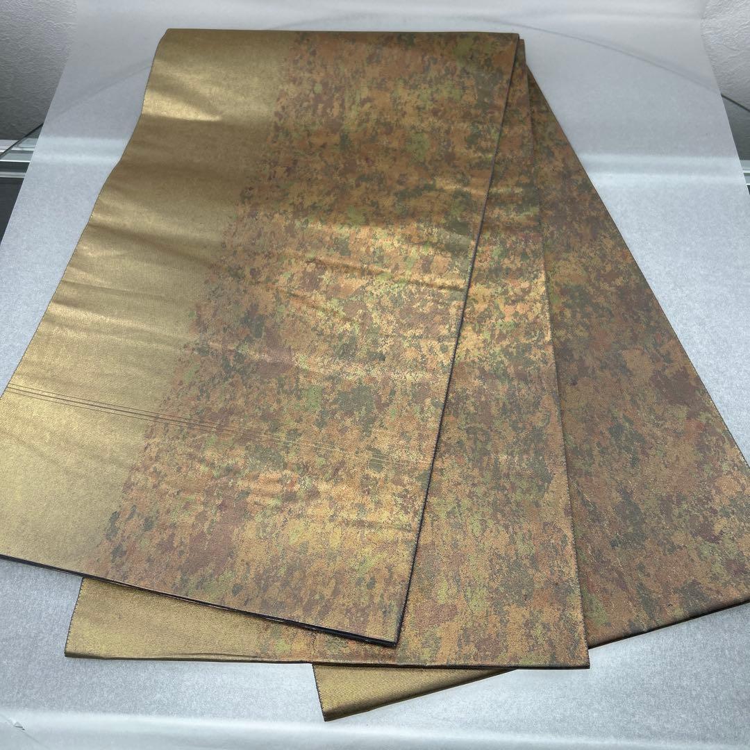 【本金箔 金泥箔】シルク製 六通柄袋帯 金色と茶色のグラデーション0105 袋帯 本金漆箔 六通柄 良品 フォーマル用 正絹 古典柄 箔 金糸 帯