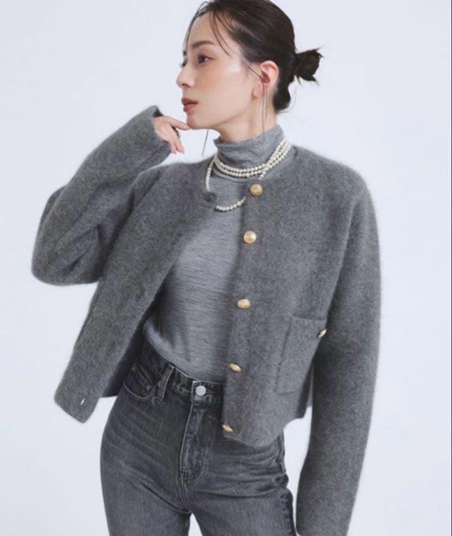 anuans ラクーンブレンドノーカラーニットジャケット グレー - メルカリ