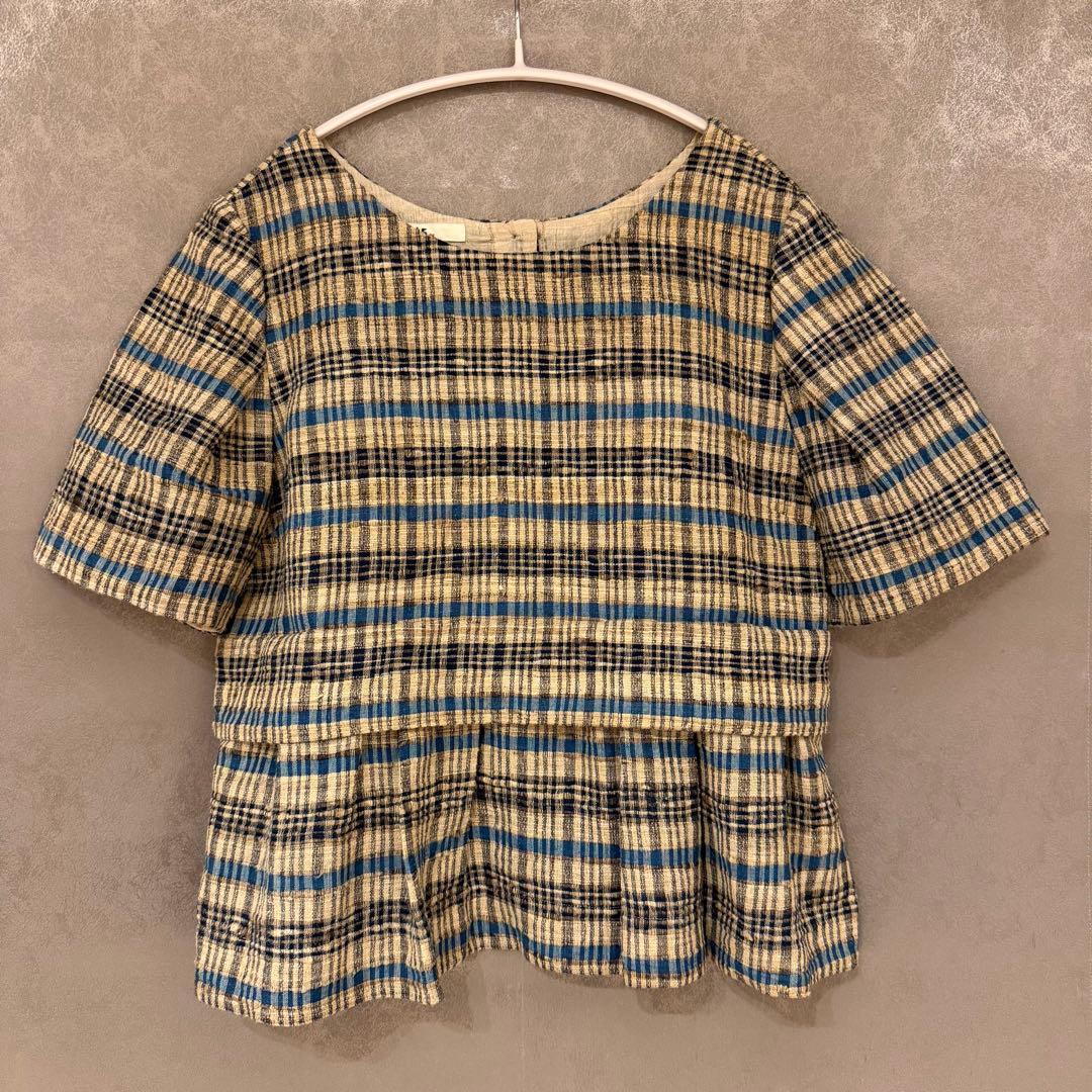 【45R】チェック柄 ペプラム 半袖ブラウス (サイズ2) シャツ 長袖 ブラウス トップス プルオーバー カットソー チェック柄