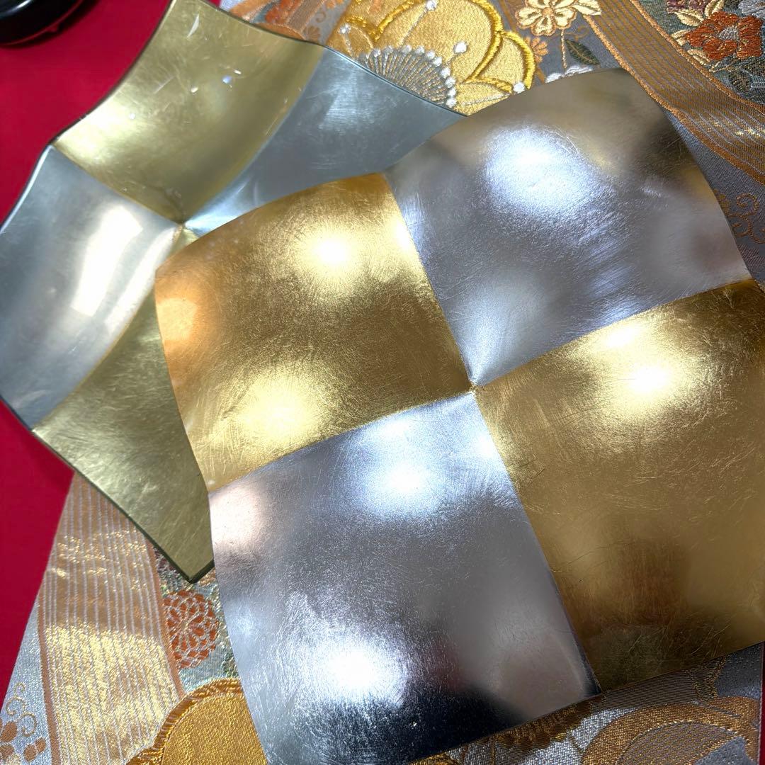 たち吉赤絵金彩八角鉢　春秋貝彩　金銀ガラス製プレート　加賀箔工芸　No.4-39