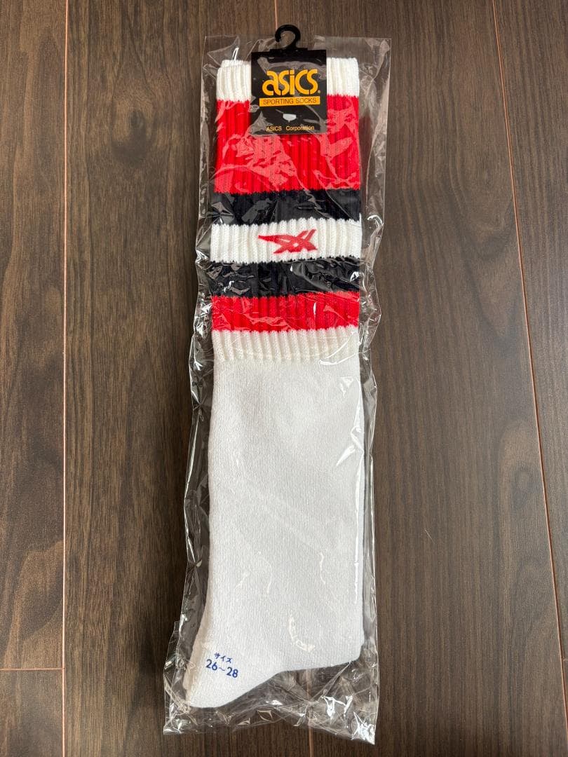 【新品】アシックス　ハイソックス　赤/紺ライン(26～28cm) ASICS（アシックス） ソックス ダブル消臭靴下 カラー先丸 ミドル丈 W