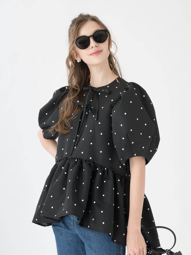 ドット柄パフスリーブシャツ ブラウス シャツ ドット柄パフスリーブシアーブラウス レディース