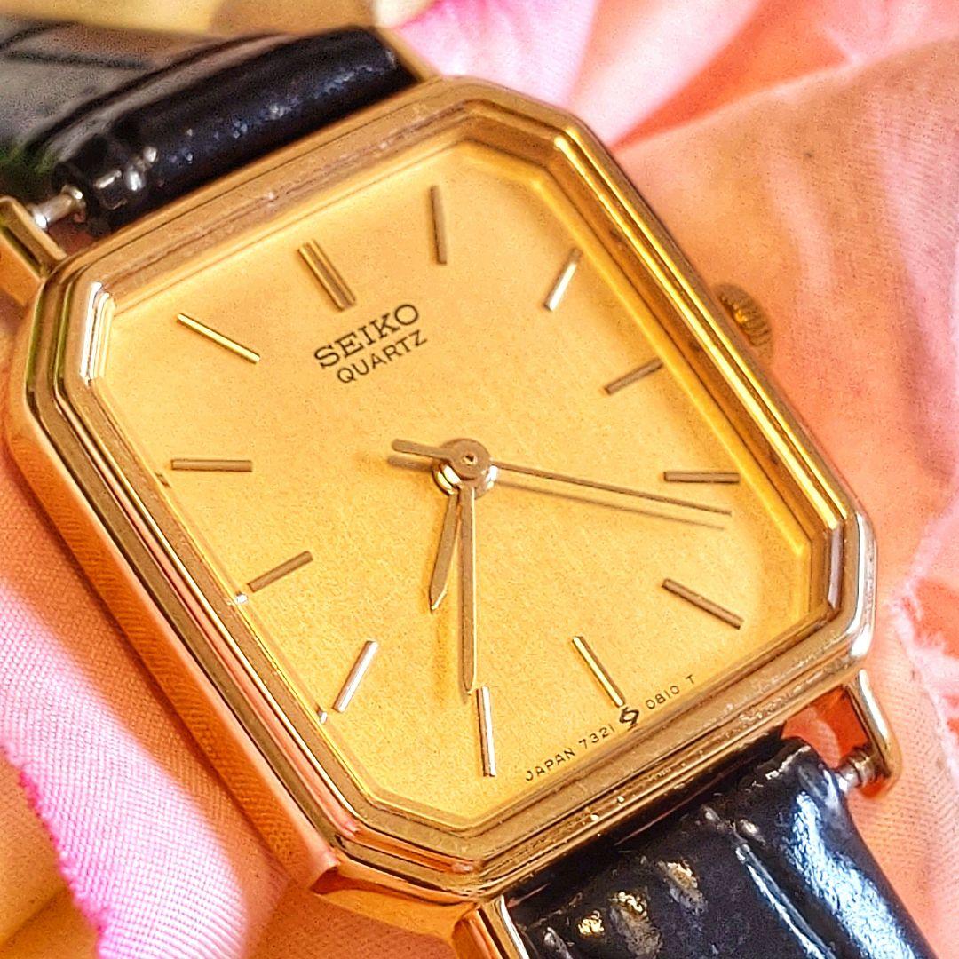 稼働 セイコー レディース腕時計 ゴールド文字盤 オクタゴン ベルト