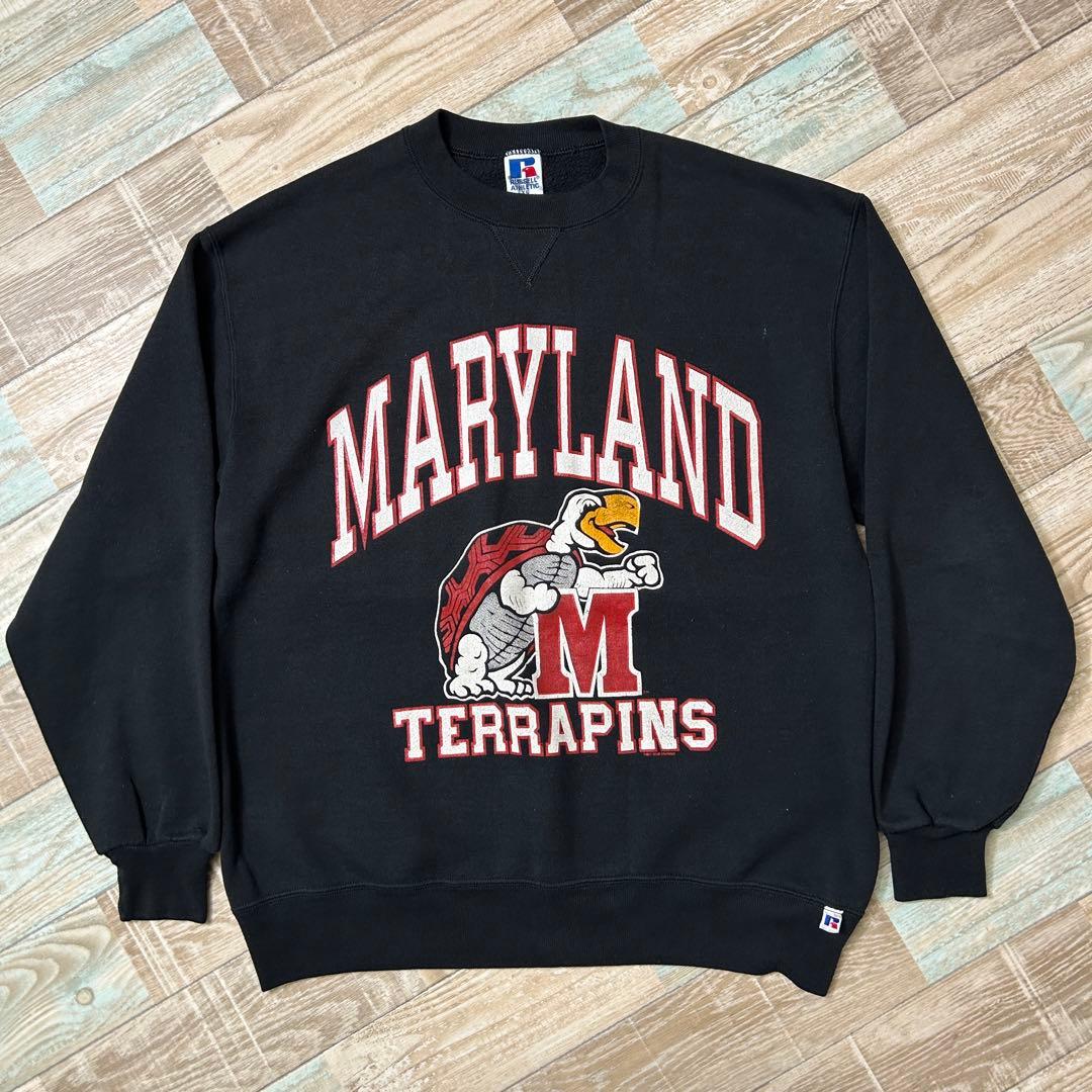 USA製 Russell ラッセル スウェット MARYLAND カレッジ 黒 ラッセルアスレチック S usa製 スウェット ネイビー カレッジロゴ 90s