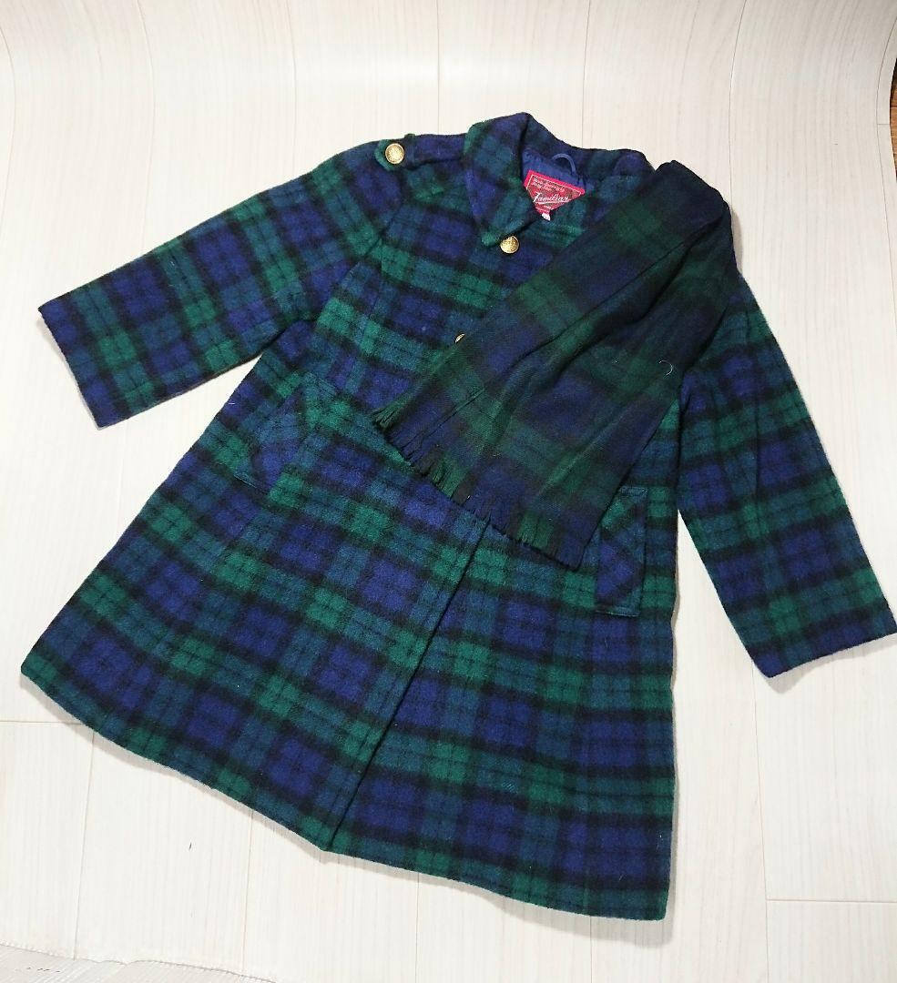 familiar ファミリア マフラー付きコート 120 グリーンチェック柄