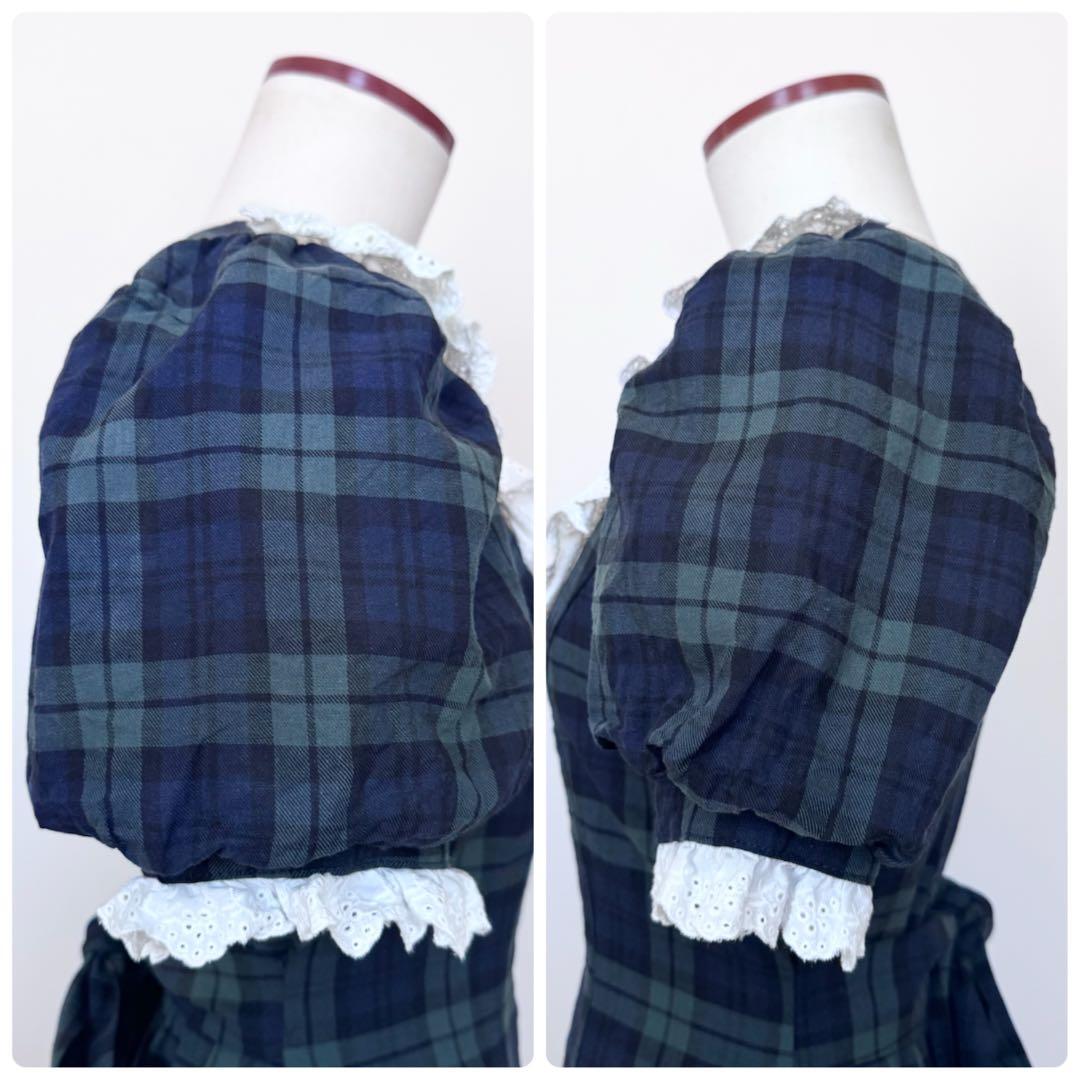 pium コットンレースドーリーカフェワンピ グリーンチェック - メルカリ