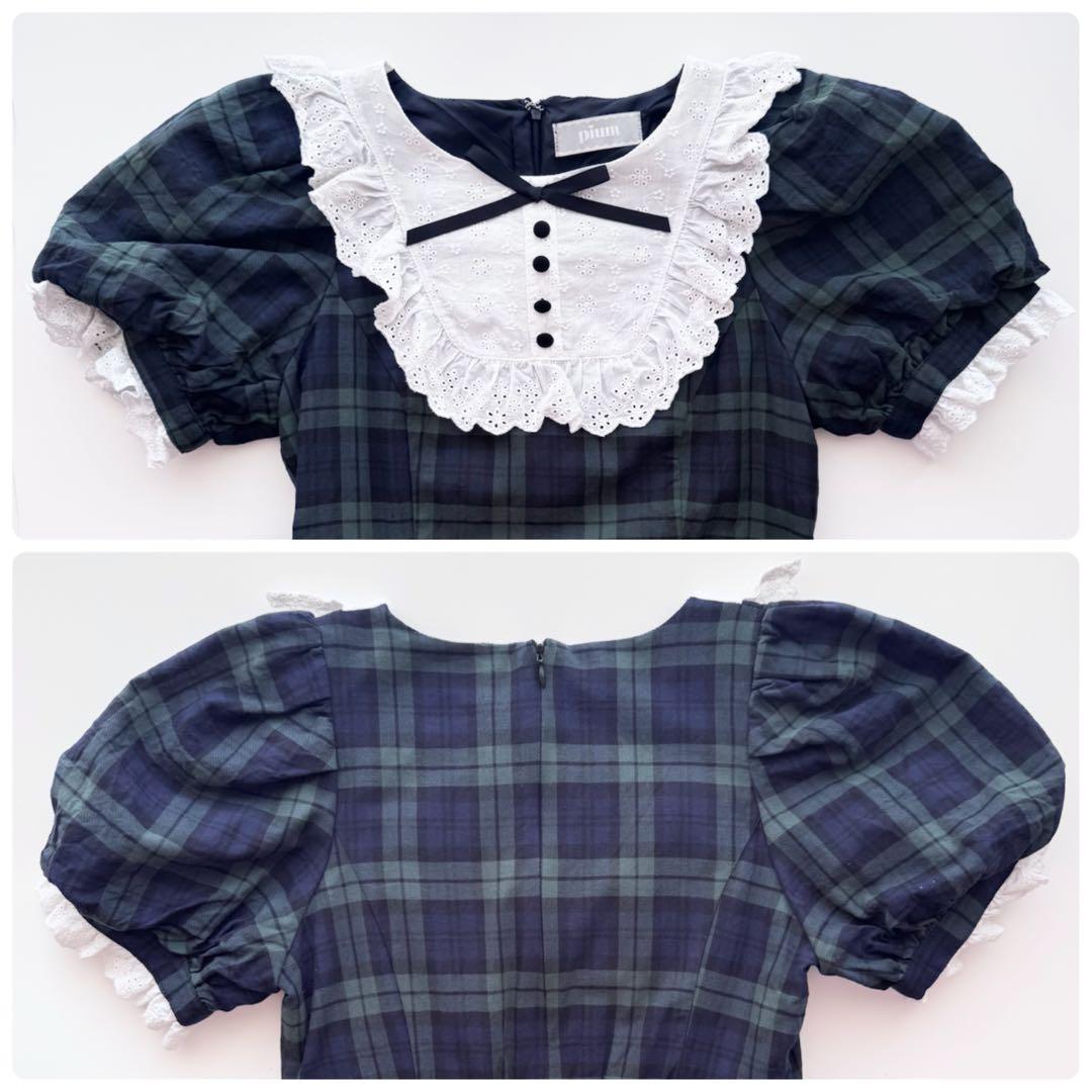 pium コットンレースドーリーカフェワンピ グリーンチェック - メルカリ