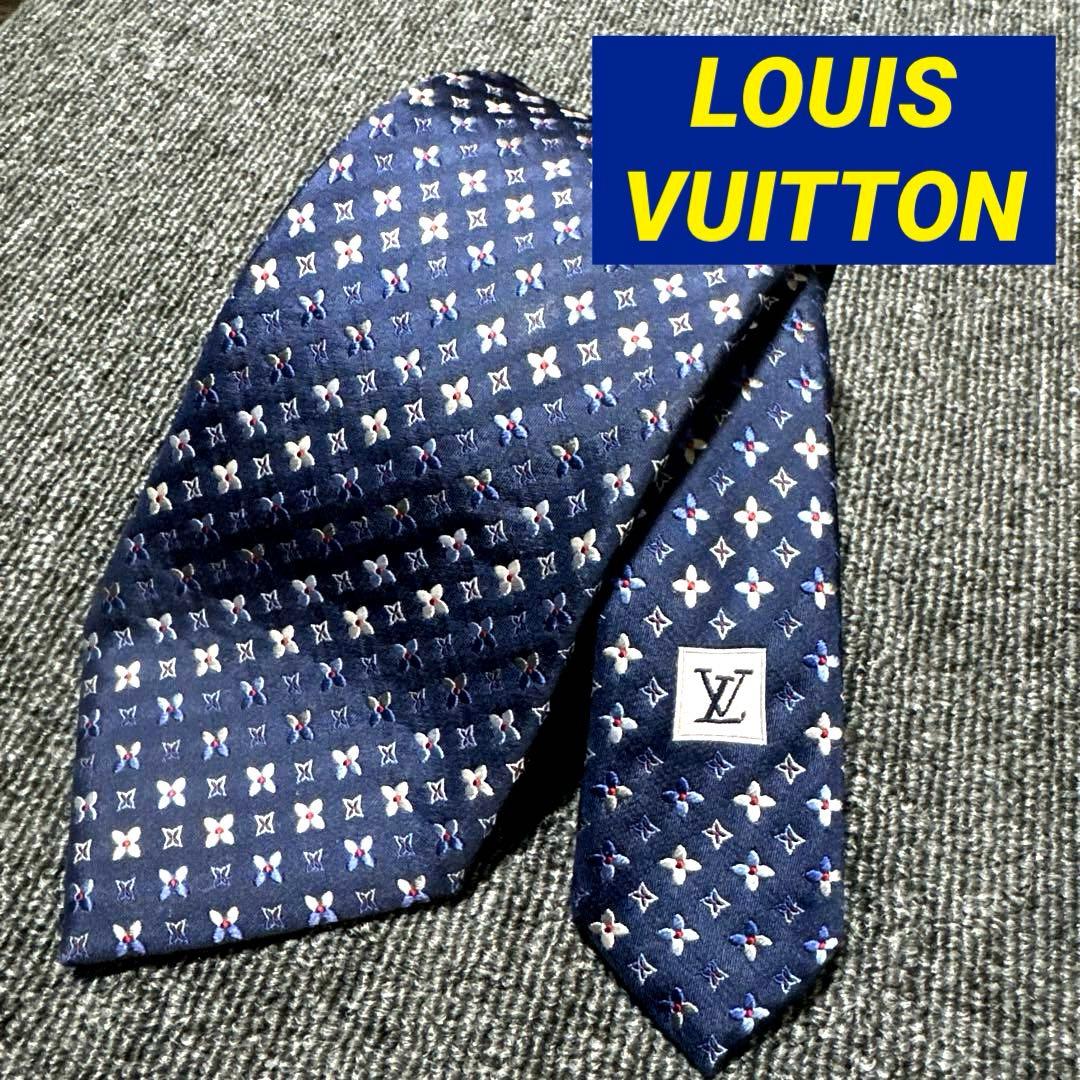 ③【極上美品】☆LOUIS VUITTON☆高級シルク100% ネクタイ 極美品 LOUIS VUITTON ルイヴィトン ダミエ シルク ネクタイ ネイビー