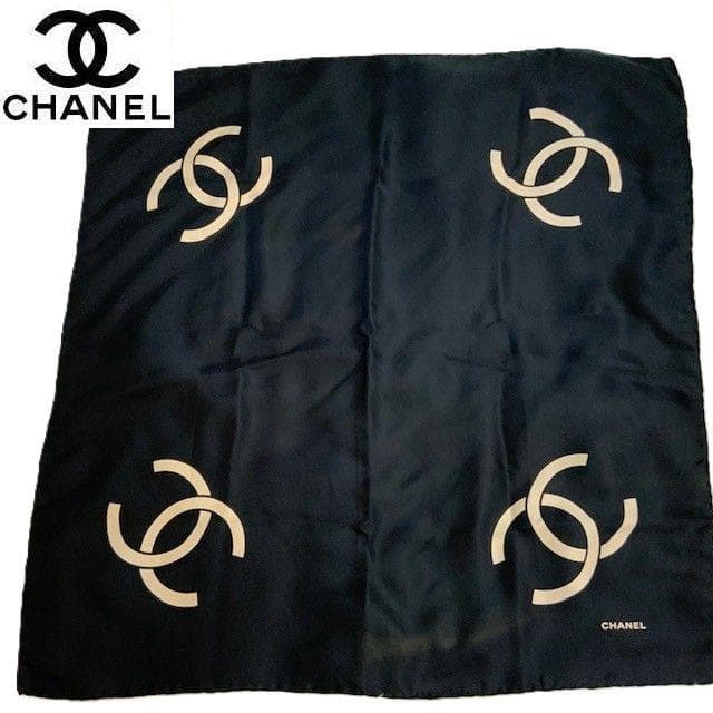 CHANEL ブラック スカーフ シルク タグ無し 本物保証 CHANEL（シャネル） 送料無料 ツイリー スカーフ シルク ブラック タグ
