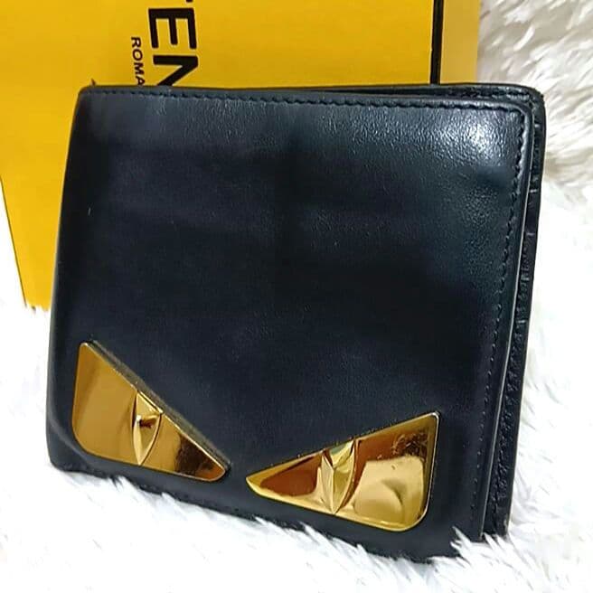 フェンディ 2つ折財布 札入れ モンスター バグズアイ レザー ブラック