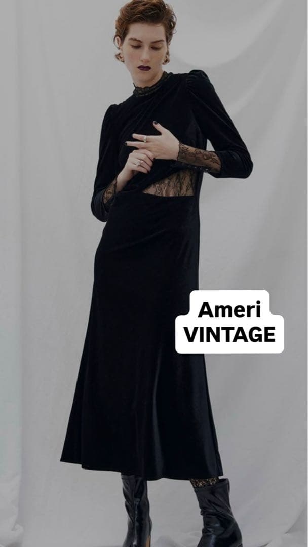 Ameri VINTAGE ブラック ベロア　ロングドレス Ameri VINTAGE（アメリ ヴィンテージ）BACK OPEN PEARL VELOUR DRESS