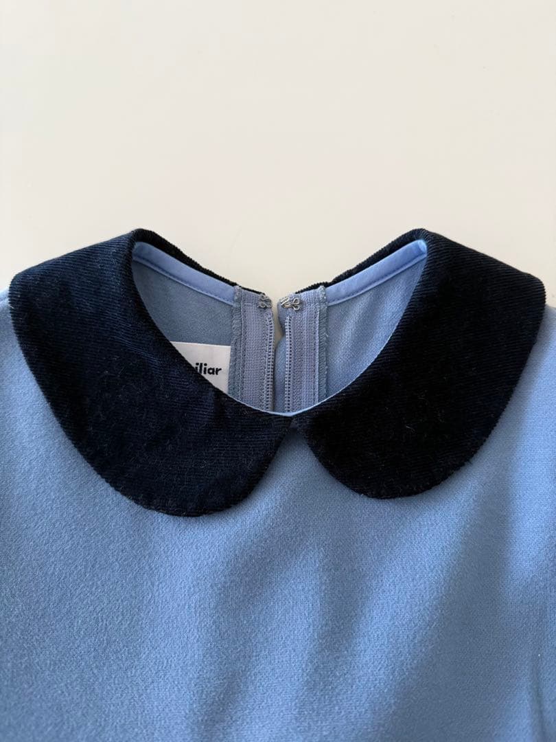 2度着用】ファミリア丸襟ワンピース 半袖水色刺繍 柔らかなフェルト地