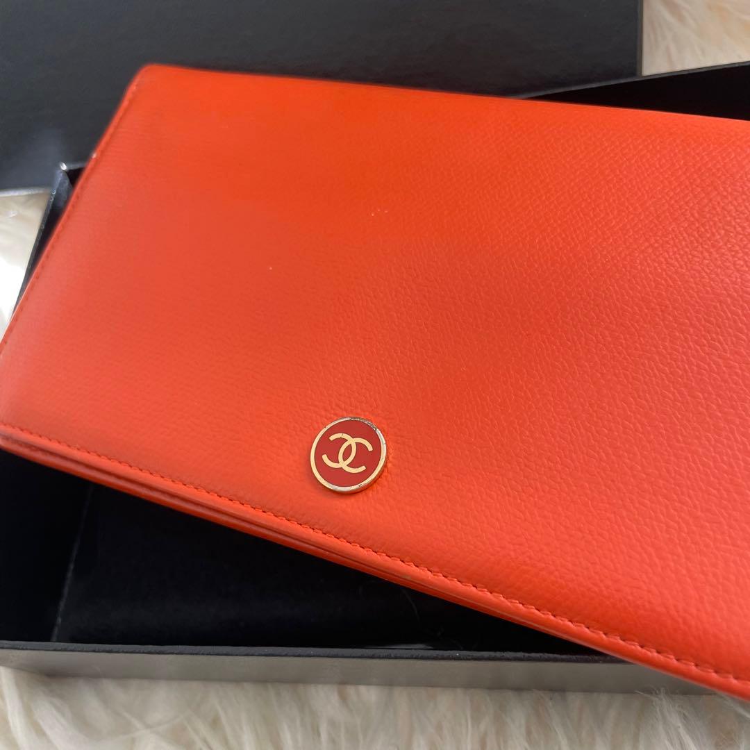 美品】CHANEL 財布 ココマーク ココボタン 二つ折り オレンジ シャネル