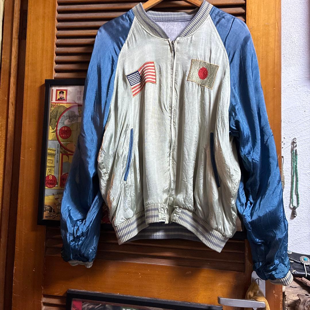 リバーシブルスカジャン双龍&舞妓&JAPAN Mapブルーフェードナス紺