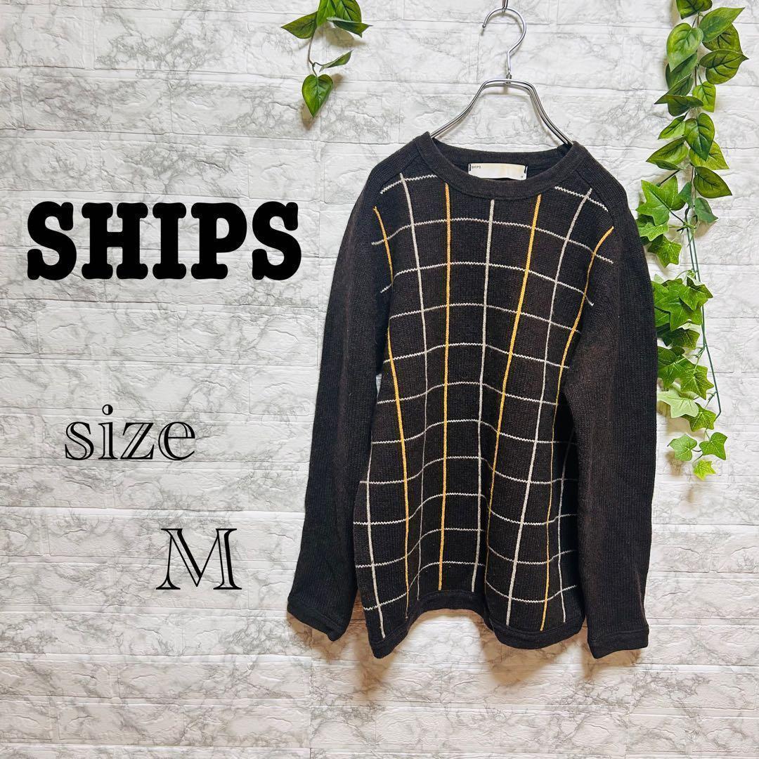 k42】【SHIPS】 チェック柄 長袖ニットセーター 【M】 ダークブラウン
