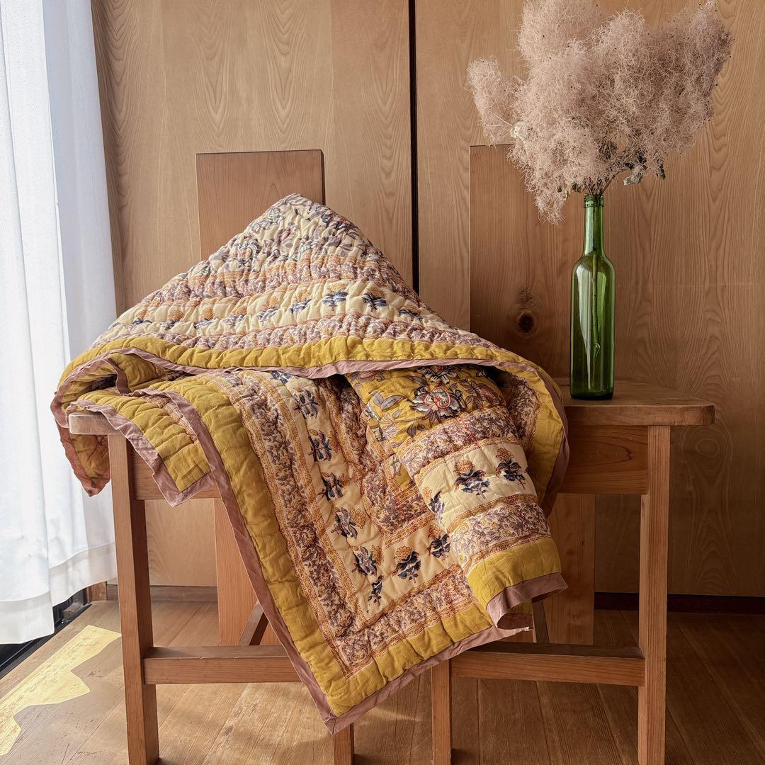 未使用※インド ブロックプリント 中綿入りベビーキルト ネイティヴ