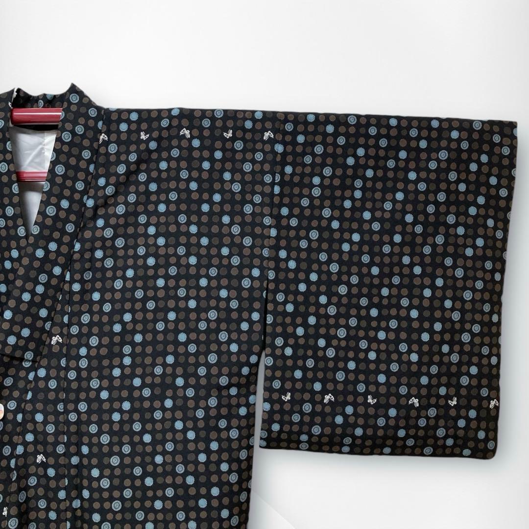 美品✨】東レシルック 京都小泉 洗える着物 小紋 黒色 水玉 蝶 日本製