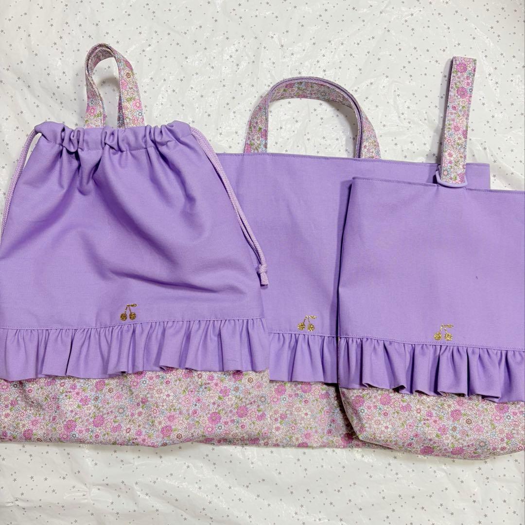 パープル×小花柄 レッスンバック 上履き入れ 体操服袋 ハンドメイド