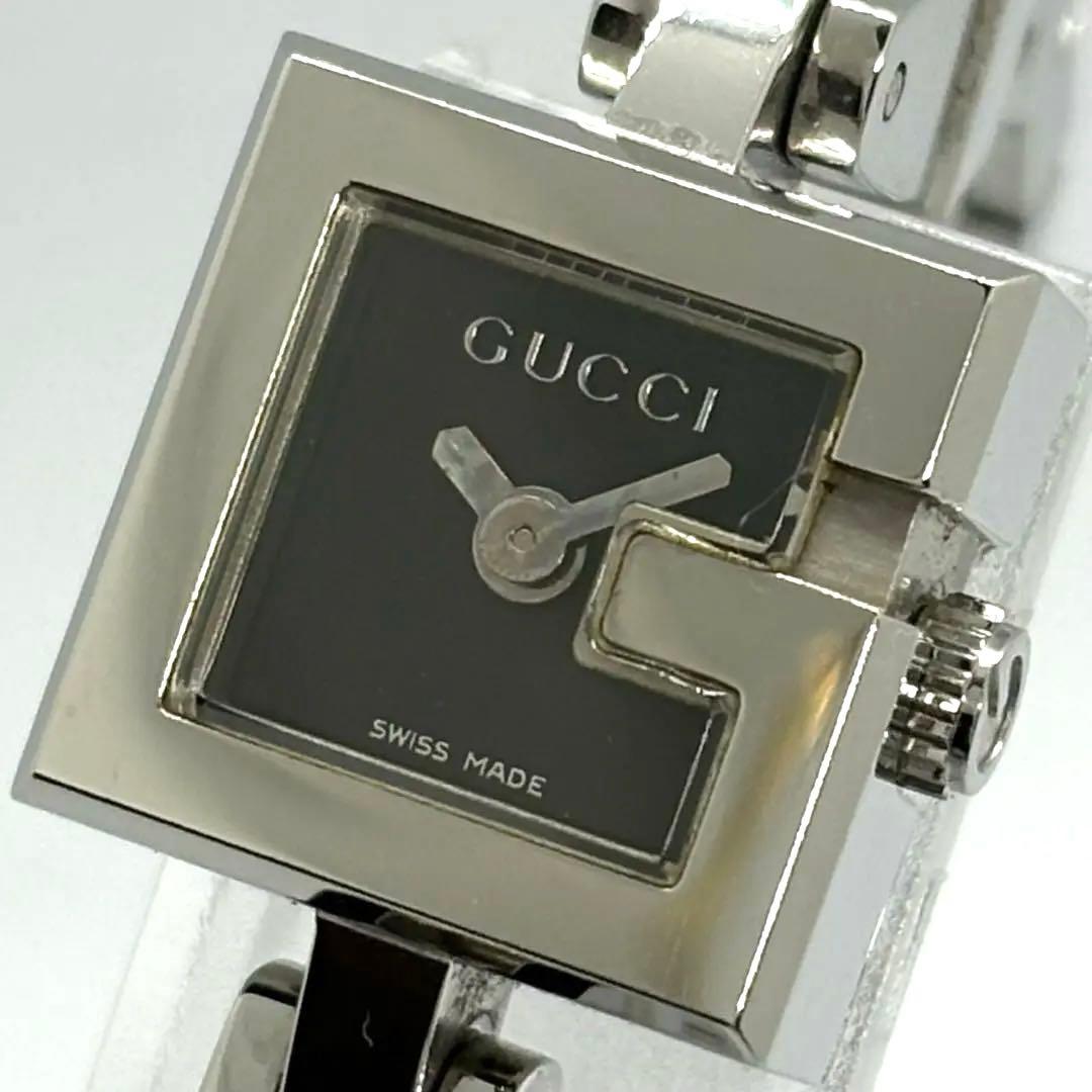 【稼働/新品電池】GUCCI 102 バングルウォッチ　Gスクエア ブラック 新品電池/稼働 GUCCI ブラックレザー 腕時計 レディース スクエア