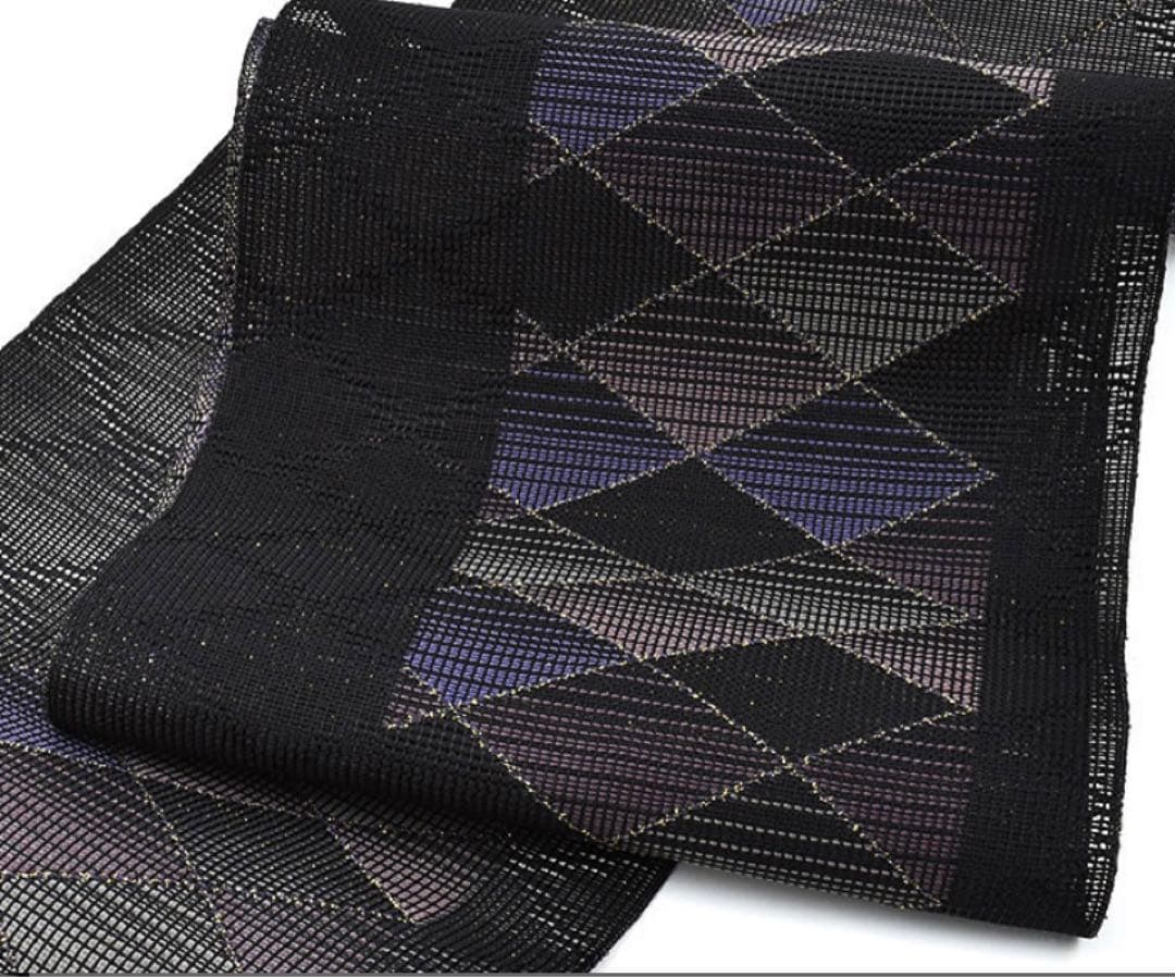 名門 筑前織物 菱黒金文様 紗織 八寸 名古屋帯 正絹 ガード加工済み⭐︎未使用品 夏用 名古屋帯] 紗 正絹 本場筑前 博多織名古屋帯 八寸名古屋帯 別誂え