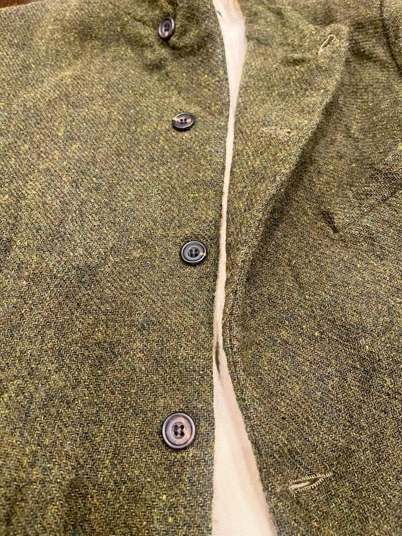 ポールハーデン☆初期ロングコートS☆ツイードモスグリーン オリーブ