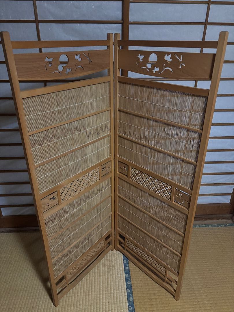 昭和レトロ】2連衝立 竹すだれ 屏風 木製パーテーション 和風 間仕切り
