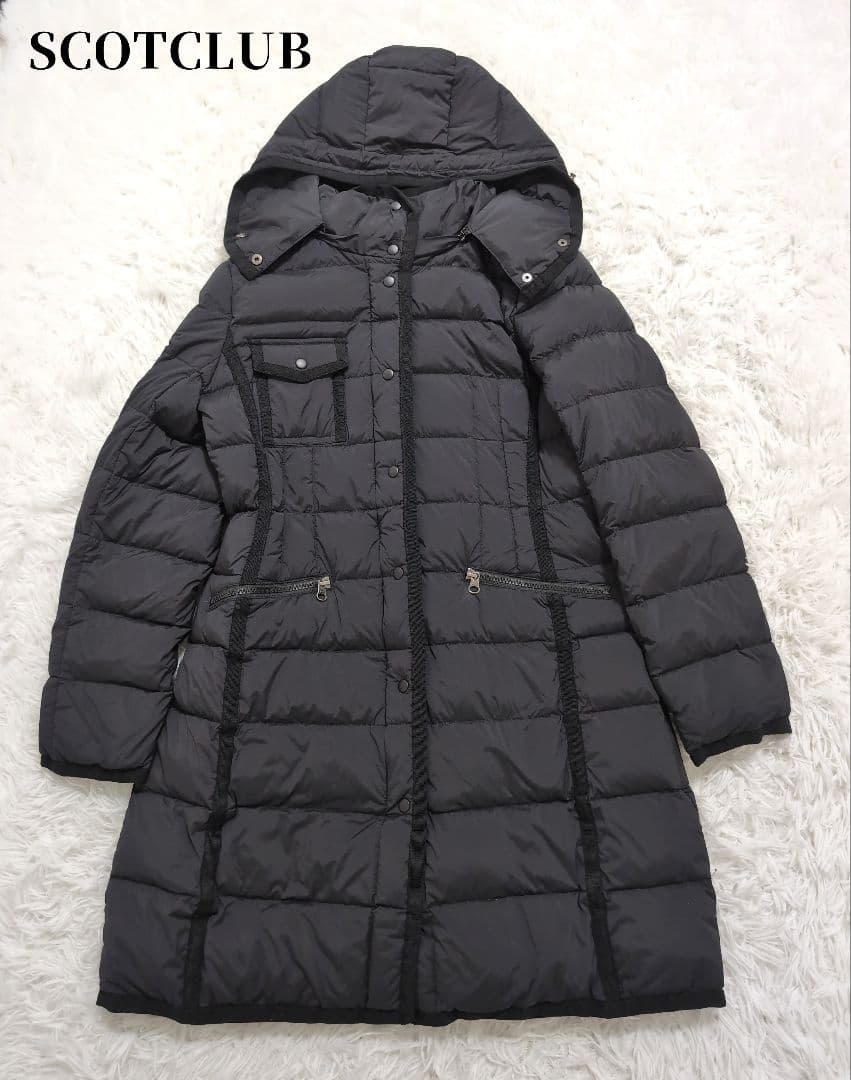 ヤマダヤスコットクラブフード付き ブラックダウンジャケット vin スコットクラブ ヤマダヤ 異素材切替 ペプラムダウンジャケット