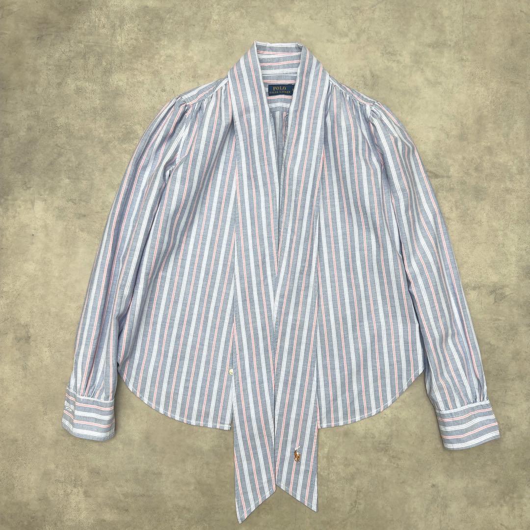 美品✨ポロラルフローレン ボウタイブラウス ストライプ ポニー刺繍 S