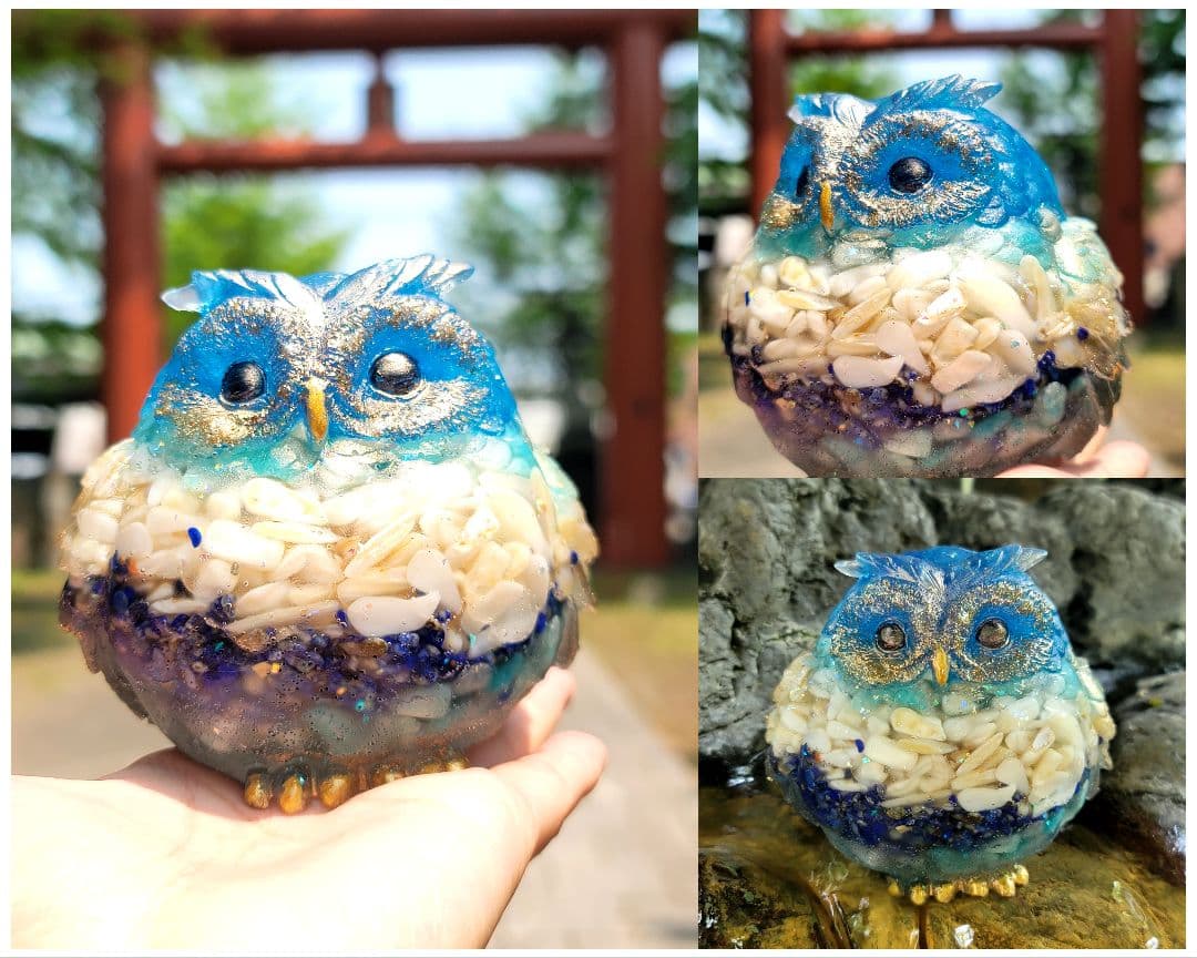 危険回避★身を守る輝くフクロウオルゴナイト NEW天然石追加 選べる7種類 天然石サザレ入り フクロウ型 オルゴナイト