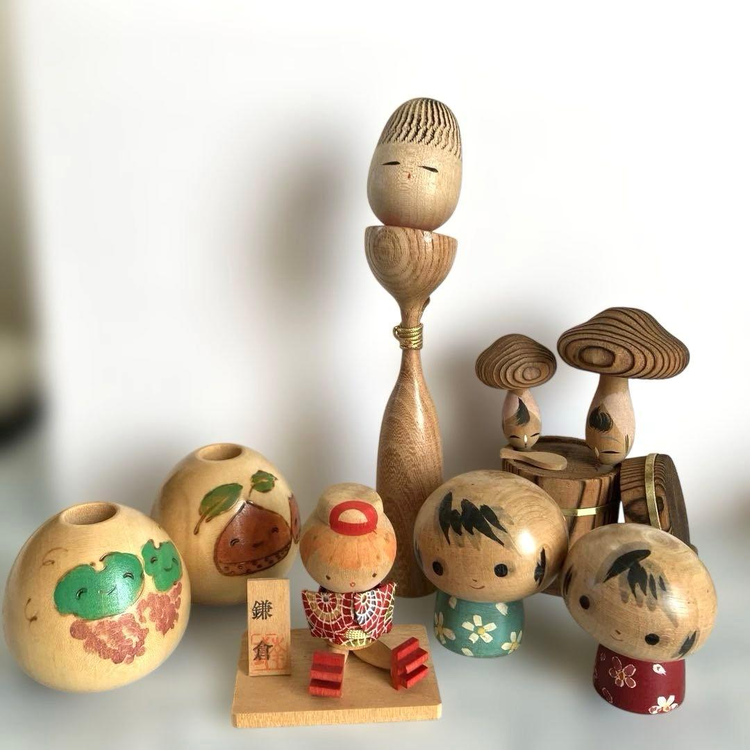 木製こけし7個セット 手描き装飾 1番大きいもので20cm位 - メルカリ