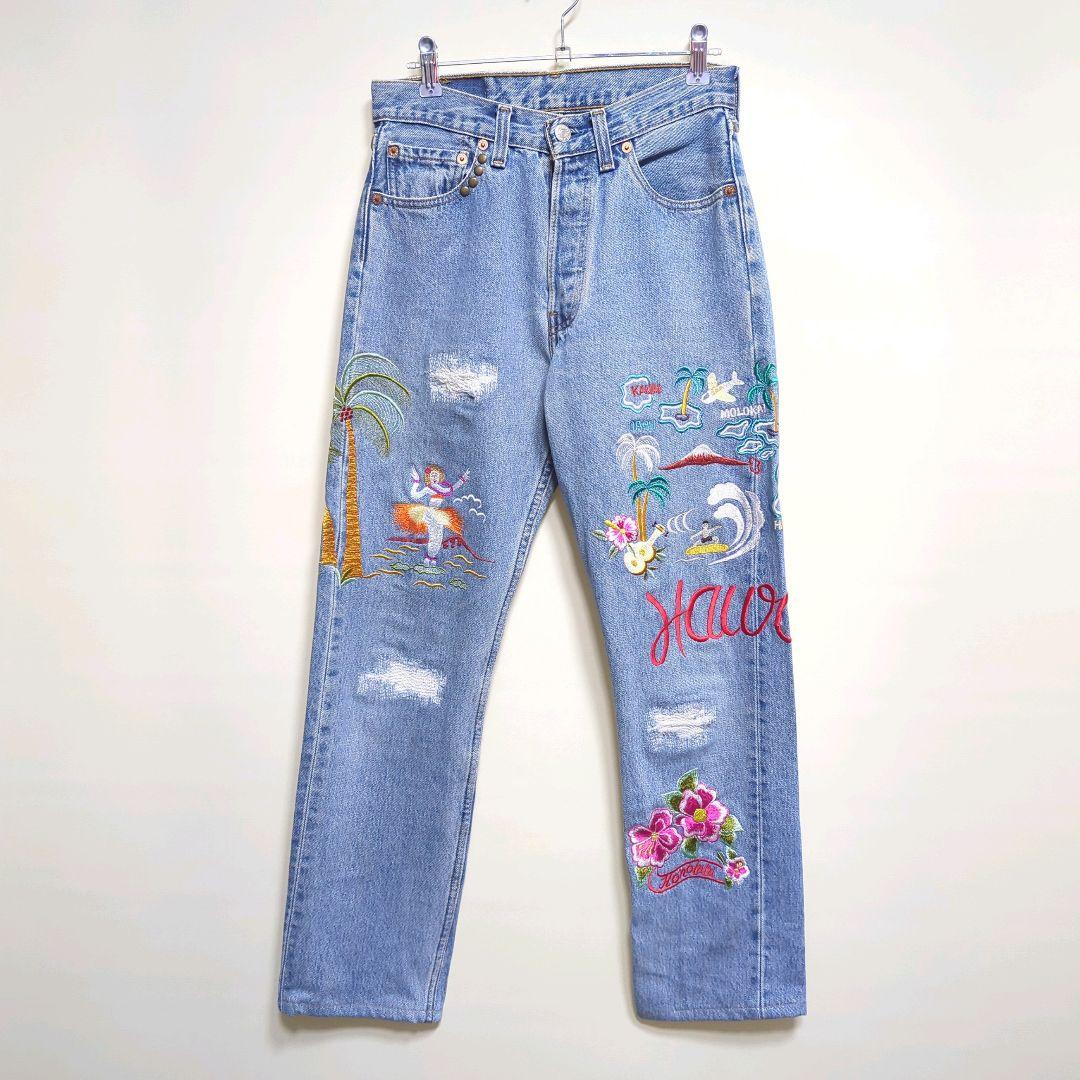 ★製 LEVI’S Hawaii 刺繍 リメイク デニムパンツ ☆CANADA製 LEVI'S Hawaii 刺繍 リメイク デニムパンツ - メルカリ