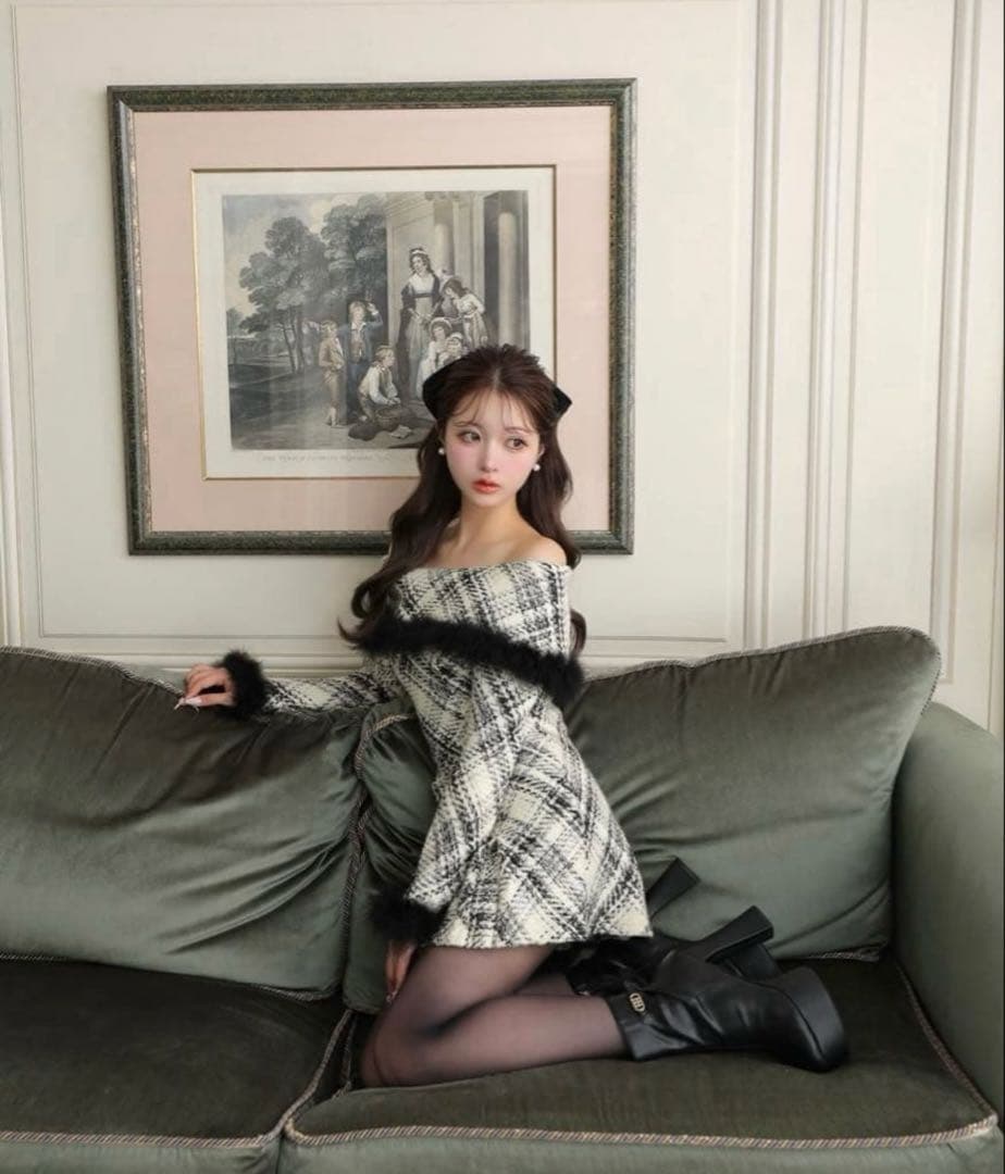 m me eme(エムミーエメ) オフショルダーロービングチェックミニ