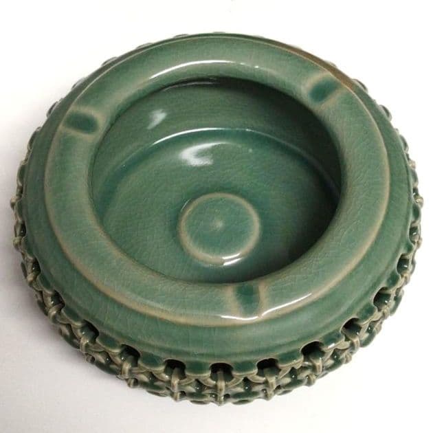 高麗青磁 銀光作 灰皿 緑色 陶器 編み込みデザイン インテリア小物
