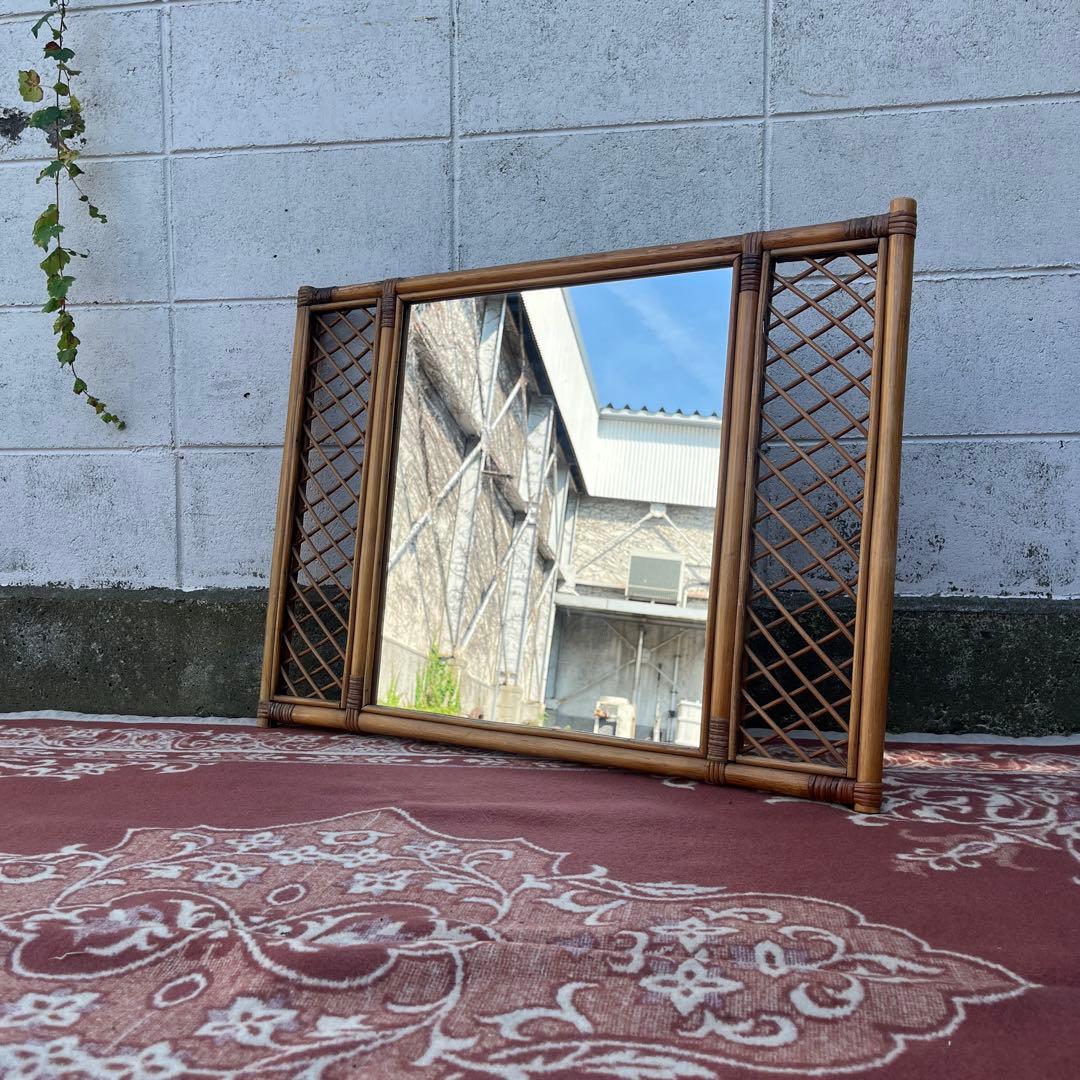 古雑貨ビンテージ品◾️籐ラタンパネル 壁掛けミラー ウォールミラー 鏡 アンティーク ウォールミラー 籐 ラタン オーバル レトロ 古道具