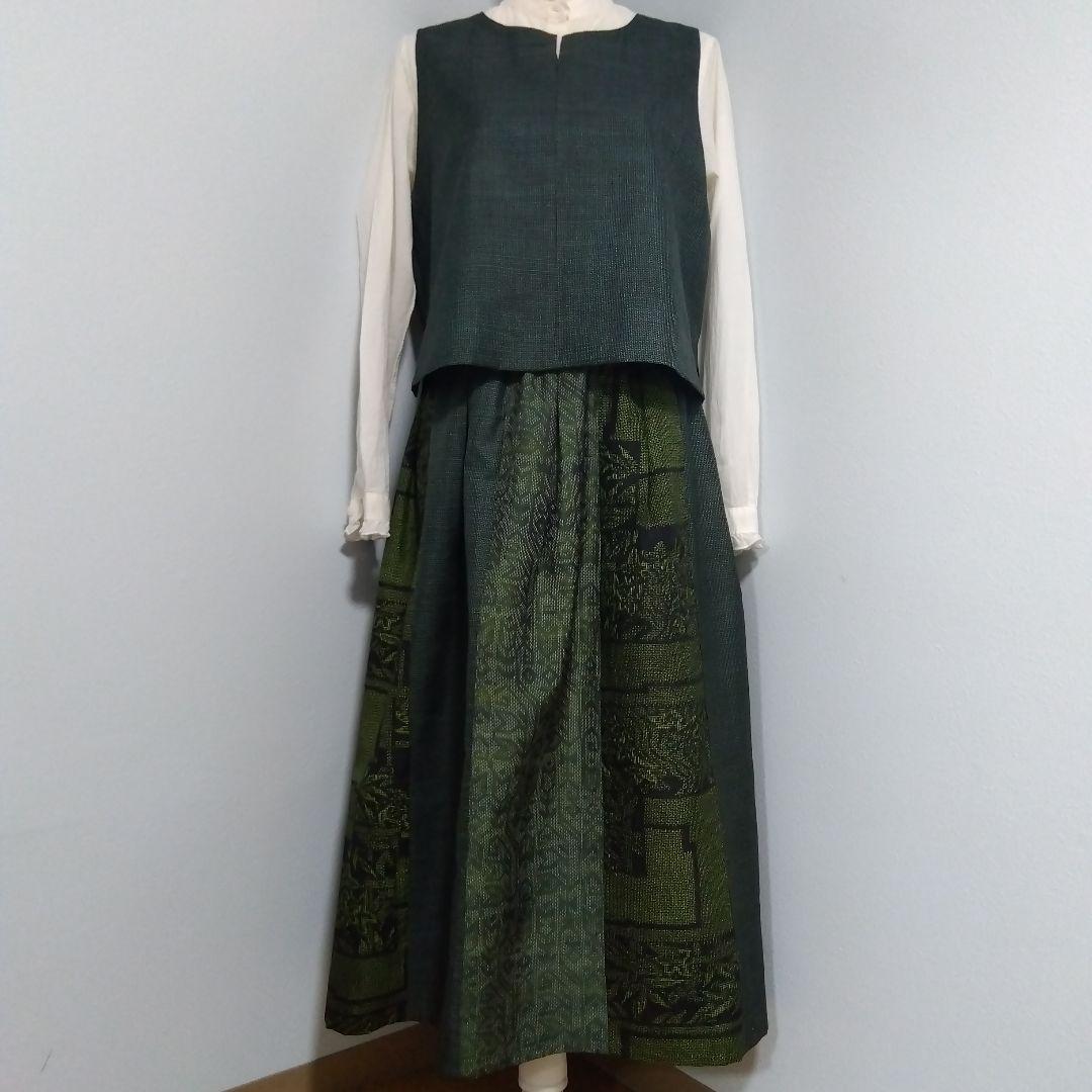 楊貴妃　2026J013 着物リメイク　大島紬　パッチワークのセットアップ アンティーク大島紬のパッチワークコート リバーシブル 茶龍郷 受注