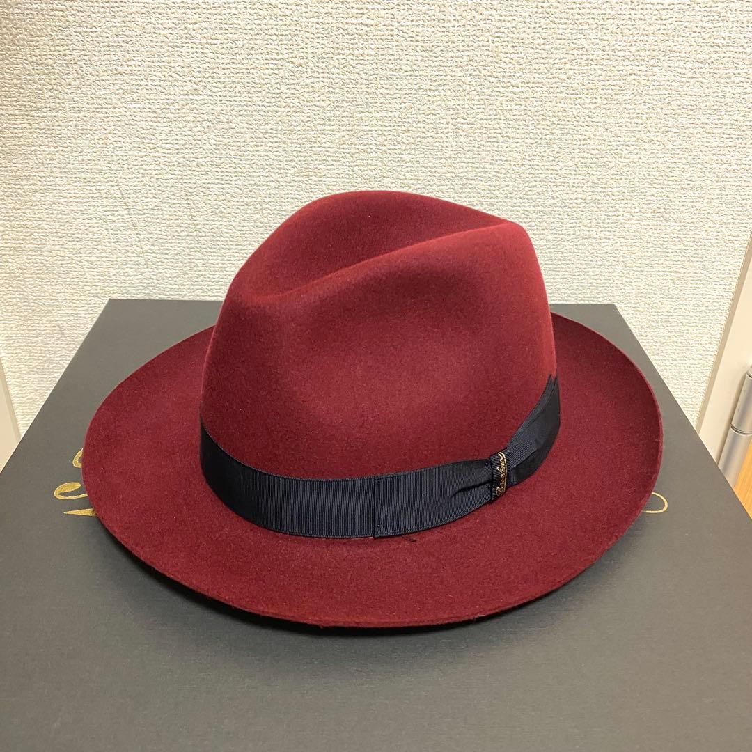 [未使用]Borsalinoボルサリーノラビット中折れハット59ワインレッド箱付 Borsalino（ボルサリーノ） ファーフェルト中折れ帽 390054 ハット