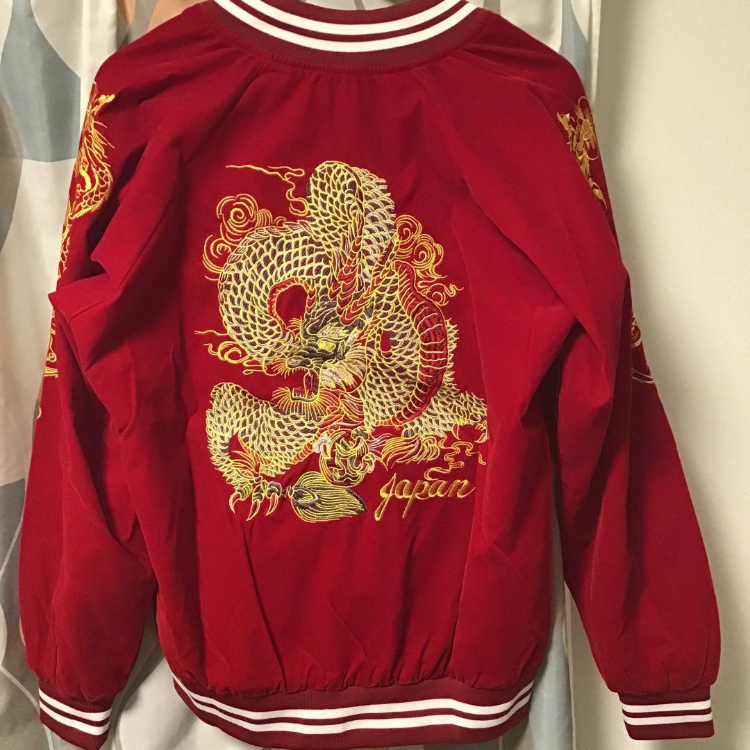 スカジャン 別珍 ベロア ドラゴン刺繍 レッド - メルカリ