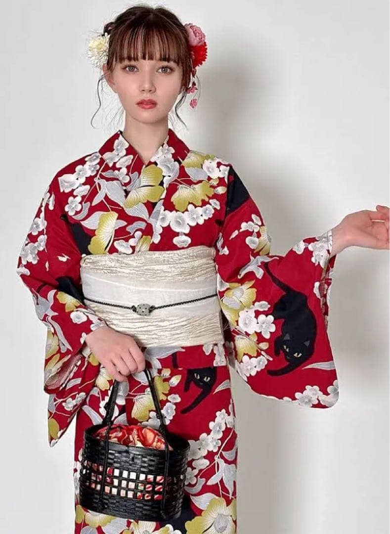 浴衣単品 黒猫柄 赤Red 155cm〜165cm - メルカリ