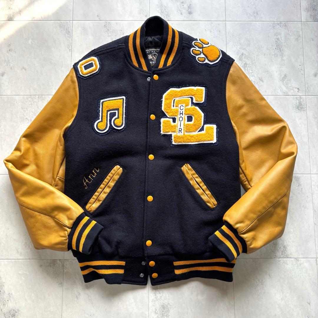 【USA製】HOLLOWAY スタジャン 袖レザー ワッペン チェーンステッチ L】【90年代】USA製 HOLLOWAY ホロウェイ スタジャン 袖レザー | 古着