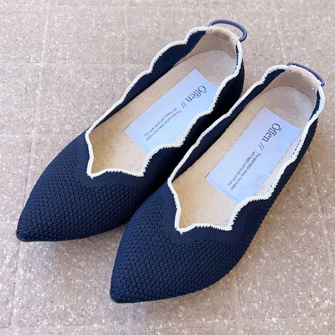 美品 Offen オッフェン フラットシューズ ネイビー スカラップ 23.5