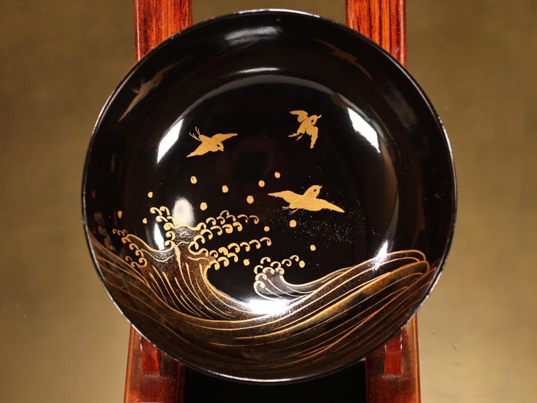 BK507 時代輪島塗 波千鳥金蒔絵 吸物椀 五客 木製 茶道具 懐石 菓子