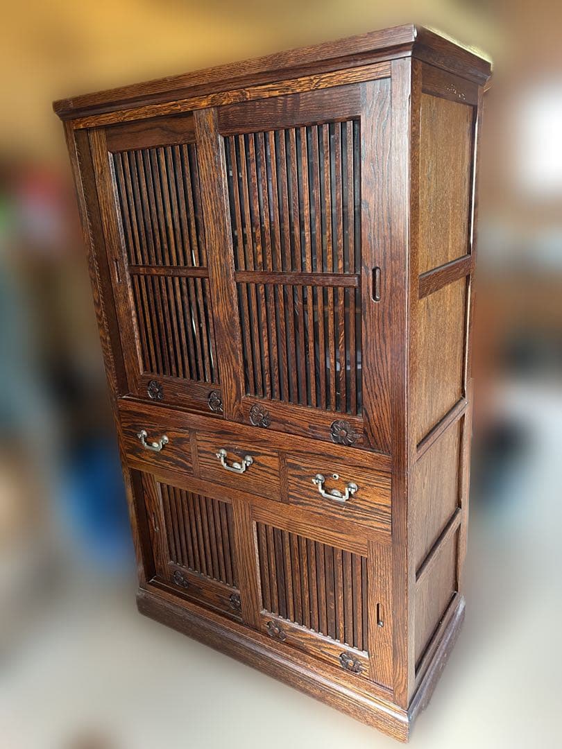 和風木製タンス 3段引き出し付き　茶箪笥　鍵付き 引き出し 全段鍵付き チェスト からくり 桐製 和モダン おしゃれ