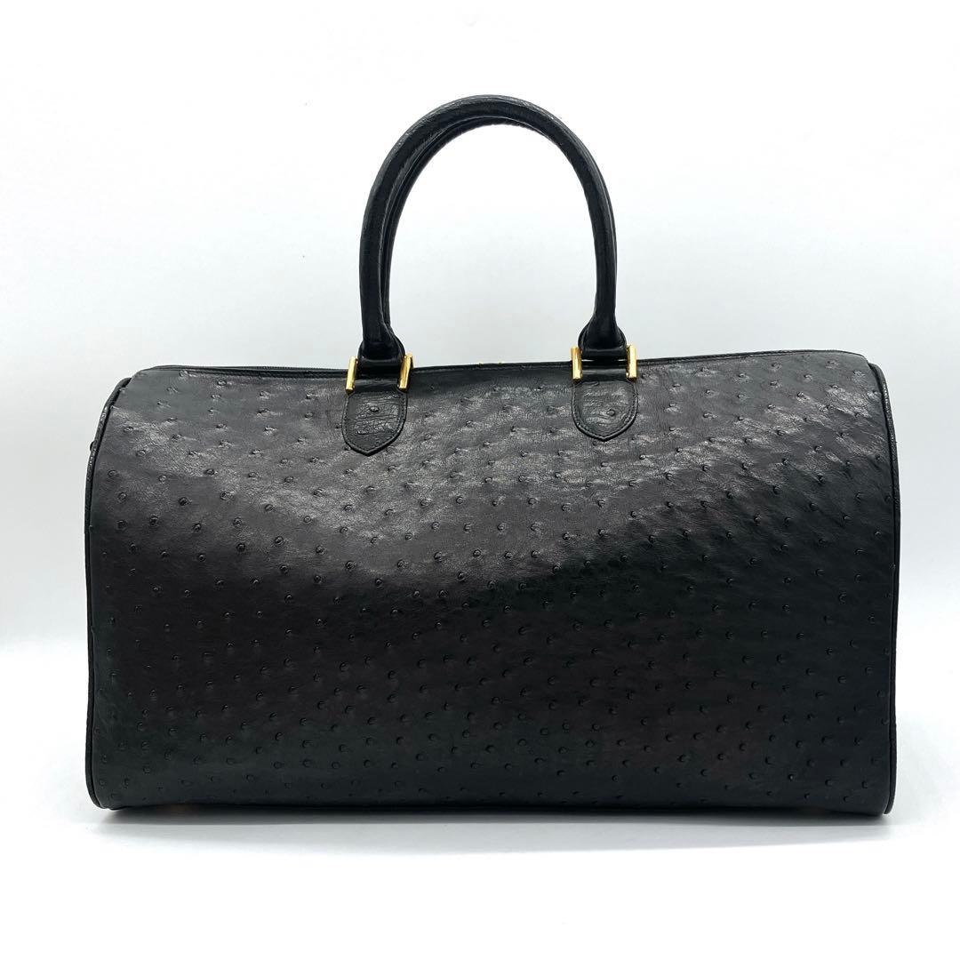 極美品 大型【オーストリッチ本革】ボストンバッグ ゴールド金具 ブラック