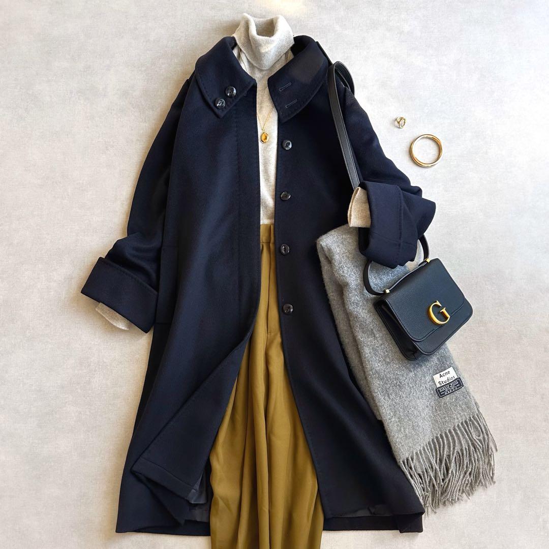 美品△レリアン Leilian/カシミヤ100%ロングコート△ネイビー ゆったり