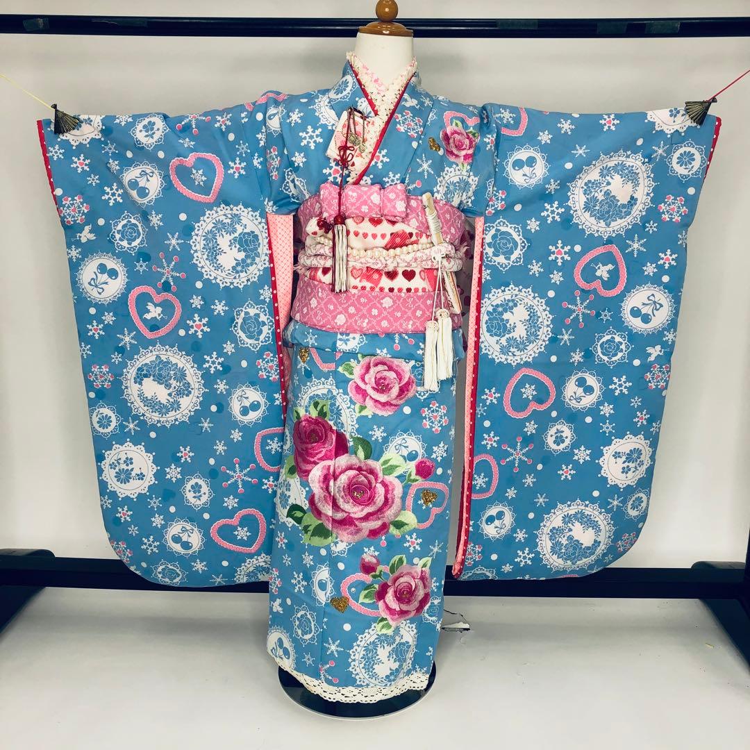 女児着物☆七五三フルセット☆ 四つ身☆5歳 7歳☆水色 松田聖子 u-370
