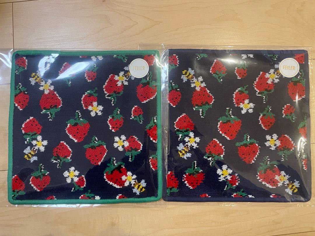 フェイラー×ミュベール　ストロベリーセレナーデ　ハンカチ　グリーン　ネイビー フェイラーハンカチ ストロベリーセレナーデ ミュベール ネイビー