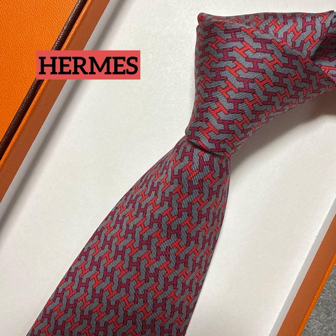 美品 エルメス ネクタイ 赤グレー H柄 シルク - メルカリ