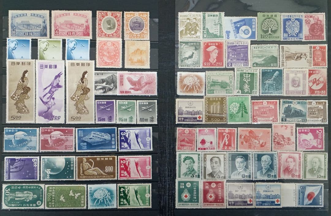 ●　銭単位切手　未使用　大正大礼・見返り・月雁・航空・文化人　その他古い切手　● 有名な切手『見返り美人』や『月に雁』の模様の純金プレート 切手型