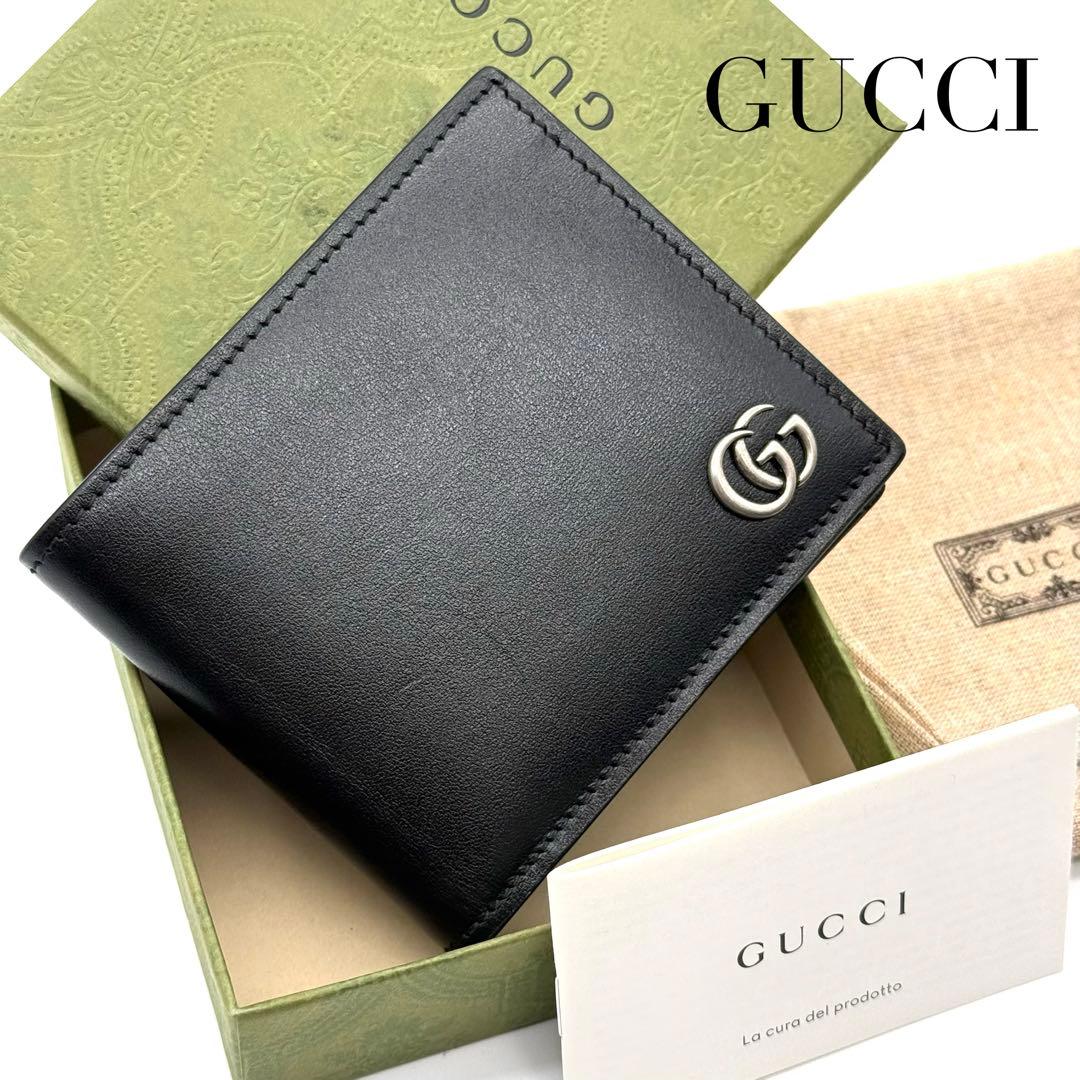 新品✨ GGマーモント レザー コンパクト ウォレット 二つ折り 財布 ブラック GG Marmont グッチ 財布 二つ折り ダブルG 二つ折りウォレット GG